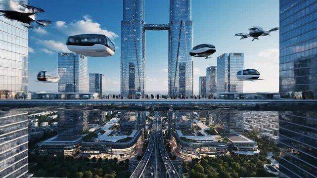 Futuristic Cityscape with Flying Vehicles and Modern Architecture