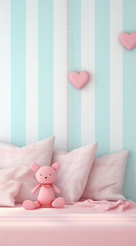 Toy sleeping in bed, pink heart ont the wall. 