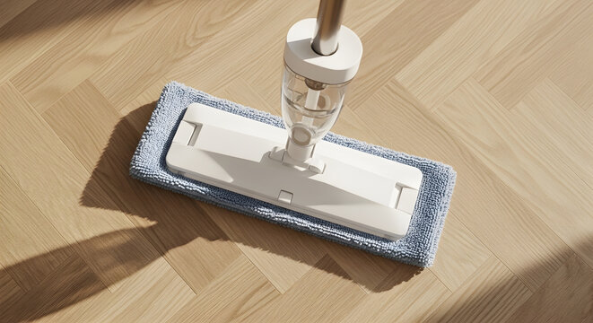 Modern microfiber spray mop cleaning light wood floor | White flat mop head on natural herringbone hardwood | Effective floor care tool for laminate and wood surfaces | Close up of smart home cleaning