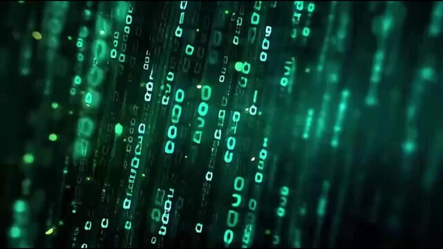 Futuristic digital rain with binary code and glowing green numbers.