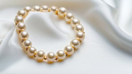 Obraz premium Elegant White Pearl Necklace Displayed on Luxurious Satin Fabric with Soft Natural Lighting