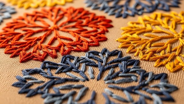 Colorful Embroidered Floral Patterns on Fabric with Bright Orange Yellow and Blue Thread