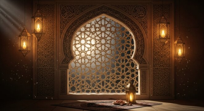 Islamic window arch background for ramadan, moonlight inside, warm and peaceful mood