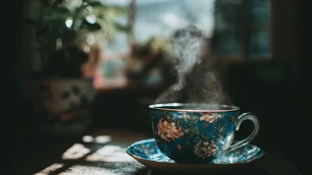 A steaming floral teacup on saucer, sunlight illuminating it and a blurred plant in the background