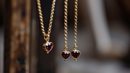 Fototapeta premium Elegant Heart-Shaped Gold Necklaces with Red Gemstones Perfect for Romantic Occasions and Fashion Accessories