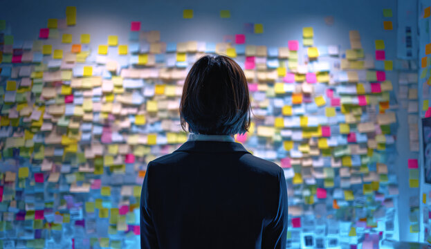 A woman stands in front of a colorful wall of sticky notes, deep in thought about her ideas.