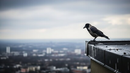 “Crow Watching City From Rooftop Edge”