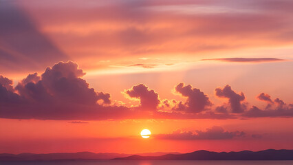 Fototapeta premium A breathtaking sunset casts vibrant orange and pink hues across a dramatic sky with dark clouds over distant mountains and water.