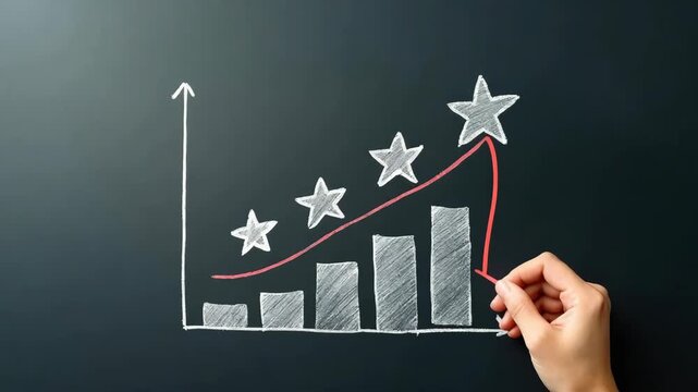 A hand draws an ascending bar chart with stars, symbolizing increasing success and business achievement. Concept of growth, excellence, and progress in business performance.