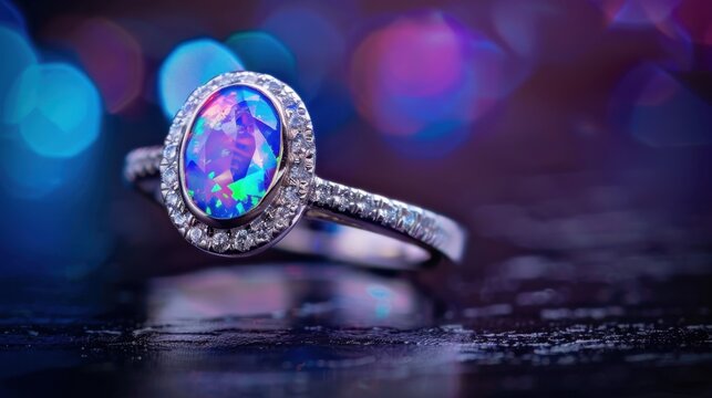 Elegant opal ring with sparkling diamonds on a reflective surface, creating colorful bokeh effects in the background