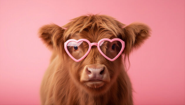 Highland cow wearing pink heart sunglasses on pastel pink background, funny farm animal portrait for Valentines Day, love concept, quirky humor, cute aesthetic