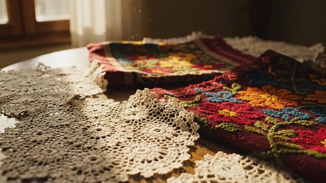 Crochet doilies and colorful table runner on a wooden table in a sunny room
