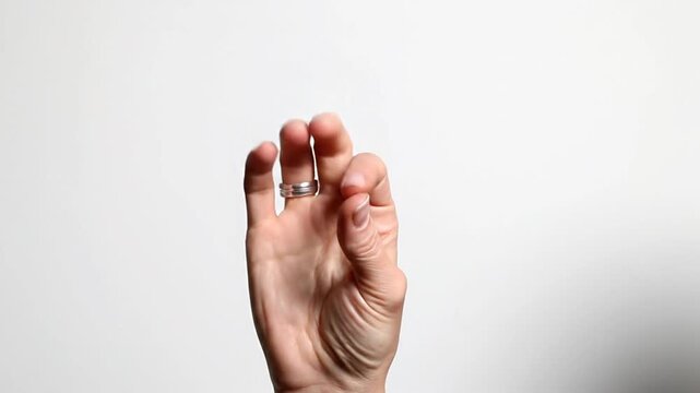 Hand making peace sign against plain white background with subtle shadow