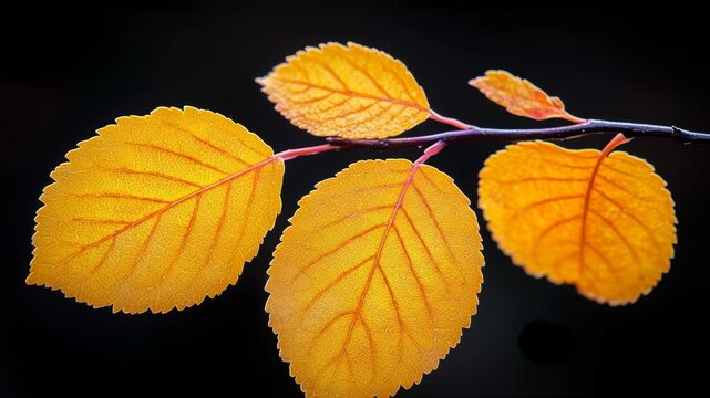 Close-up of vibrant, golden leaves on a branch against a black backdrop, showcasing details