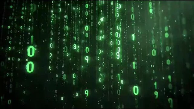 Binary code matrix with green digits and black background, Concept of digital age. Algorithm binary, data code, row matrix background