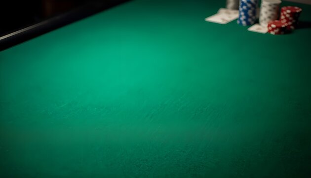 A green felt poker table with stacks of colorful chips in the corner, set against a dark background
