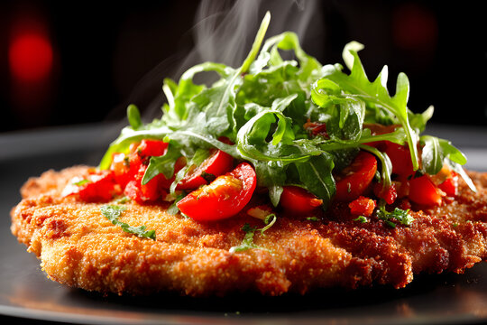 Large Veal Milanese Cutlet Isolated on White Background with Fresh Arugula and Cherry Tomatoes Garnish