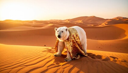 limate irony concept &ndash; polar bear wearing gold sequin cape walking in hot desert sand dunes