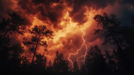 Cinematic close-up of a storm brewing over a forest with intermittent lightning strikes .