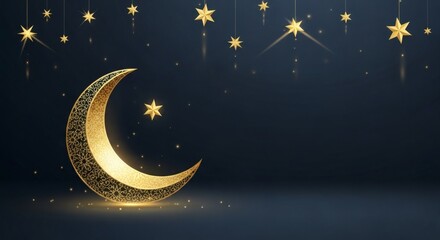 Naklejka premium Luxury ramadan background with gold moon and stars, dark navy color, premium style