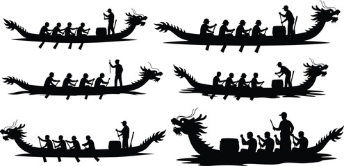 Black silhouettes of dragon boats with crews in various positions white background © Mokarrm Art