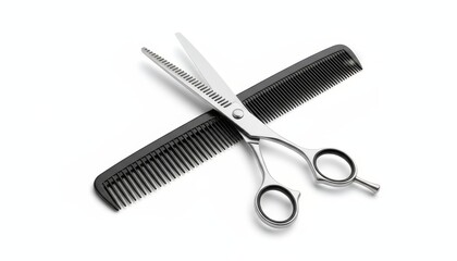 A pair of scissors crossed over a black comb, symbolizing hairdressing tools used for styling and cutting hair.