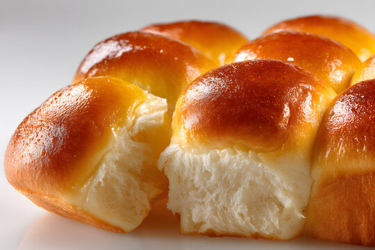 Close-Up View of Hawaiian Sweet Rolls Isolated on White Background, Soft Texture and Golden Glaze Highlighted