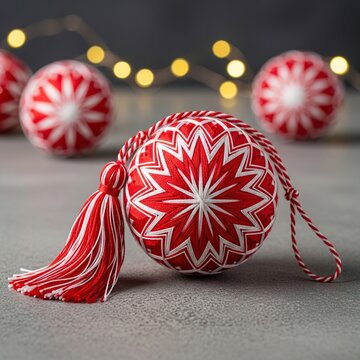 Red and white embroidered temari christmas ornaments with tassels on a grey surface.