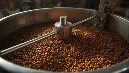 A large metal drum filled with roasted coffee beans in a factory setting