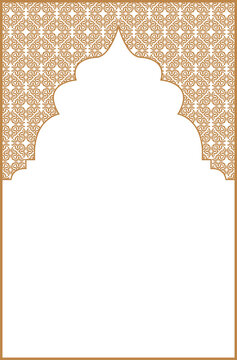 Gold Islamic Arabesque Arch Frame with Ornamental Pattern Background. 108
