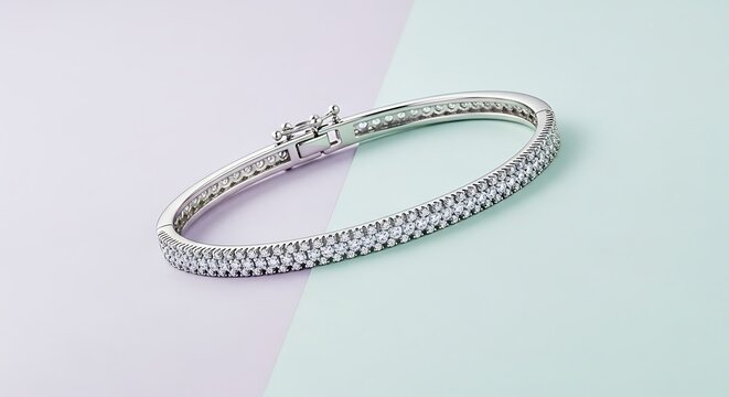 Elegant diamond tennis bracelet on pastel background with clasp detail