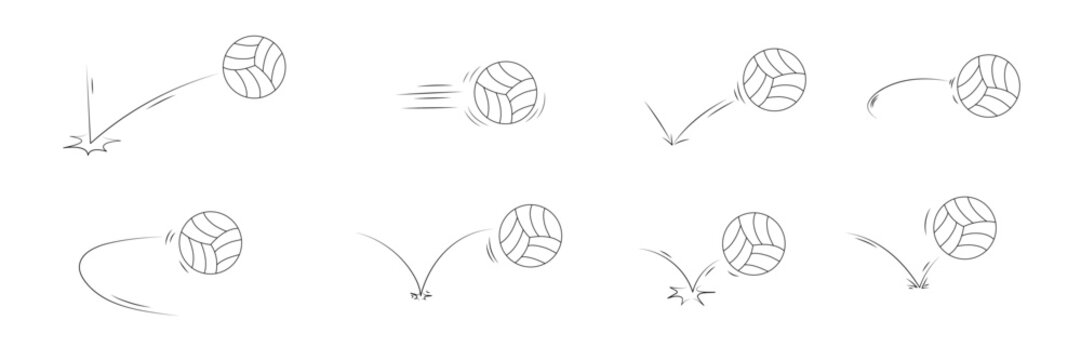 Volleyball bounce motion lines set. Hand drawn ball movement with smooth curved arcs, rebound effects and jump trajectories. Doodle vector illustration for sport design and playful graphic backgrounds