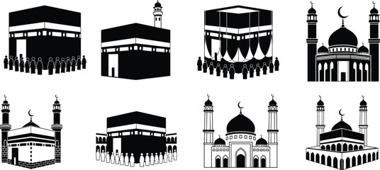 Black and white of mosques and Kaaba structures with people Islamic architecture © Mokarrm Art