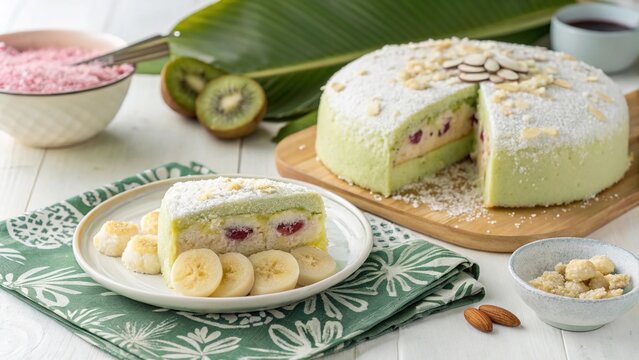 Cambodian num ansom stuffed banana rice cake served with fresh fruits and colorful toppings on a wooden table