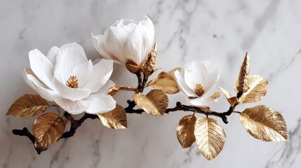 Elegant floral arrangement with white blossoms and golden leaves