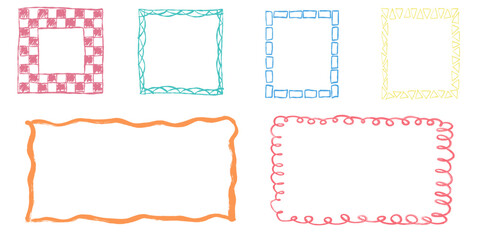 Set of hand drawn crayon frames and boxes. Cute childish borders in pastel colors for kindergarten projects, preschool education, kids backgrounds, playful doodle shapes 