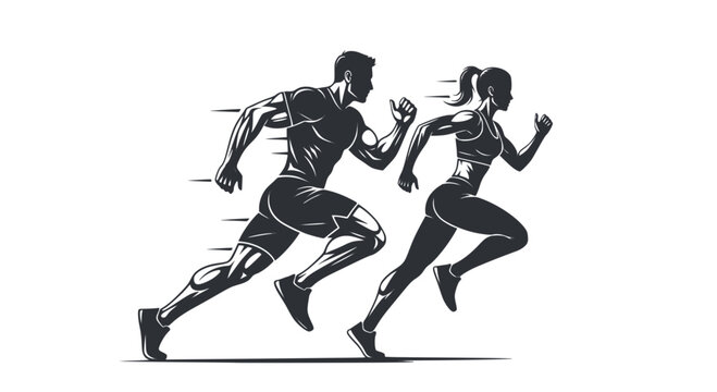 Running man and woman, isolated vector silhouettes. Run, side view. Silhouettes of athletic looking male and female runners running. Transparent background SVG version.
