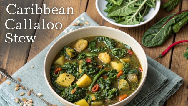 Delicious Caribbean callaloo vegetable stew served in a bowl with fresh greens and spices in a cozy kitchen setting