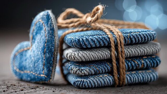 Valentine day in eco friendly concept. eco friendly valentine denim fabric heart gift love rustic handmade decor accent wrapped with twine on wooden table with cozy warm romance mood cozy love