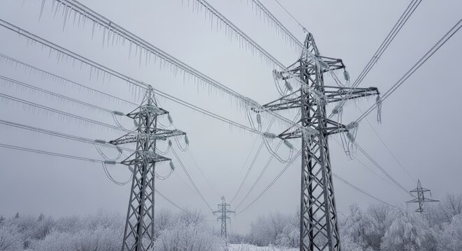 Winter Power Lines Through Snow Covered Trees and Hazy Sky