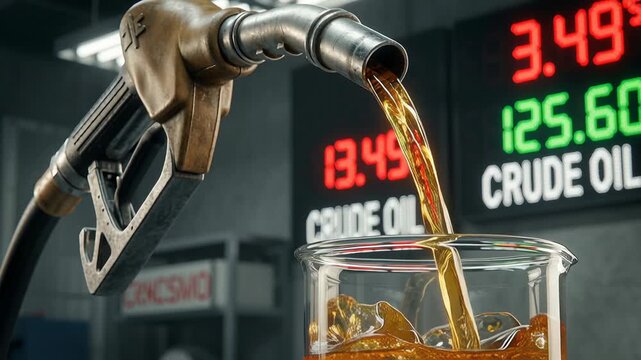 Fuel nozzle pouring liquid into glass container with crude oil price volatility and commodity movement on digital board showing investment trend capital marketing wealth growth