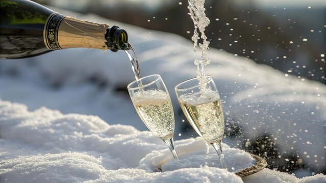 Champagne bubbles merging with snowy texture create a festive atmosphere in a winter celebration setting outdoors