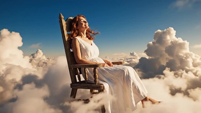 Woman in white dress sitting serenely on chair above fluffy white clouds