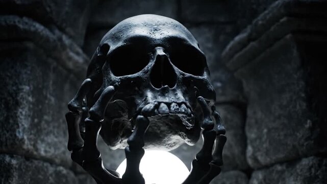 Monochrome Skull Held By Skeleton Hands in Stone Archway Against a Bright Light Creating a Mysterious Gothic Atmosphere