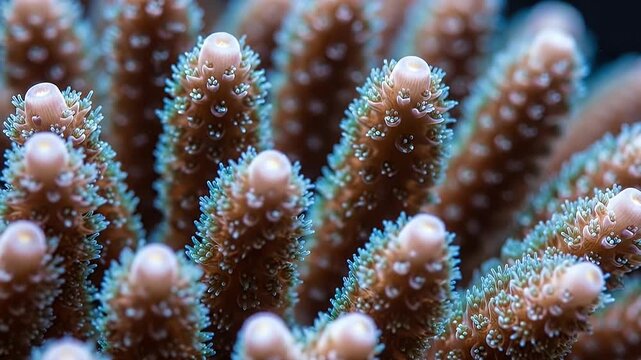 A captivating macro close-up reveals the intricate beauty of live coral polyps, swaying gently in an aquatic environment. This detailed shot highlights the delicate textures and vibrant colors of the 