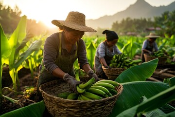 Workers harvesting bananas in tropical plantation at sunset
