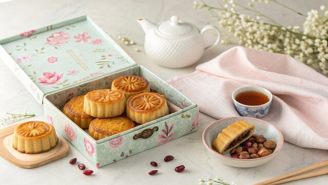 Chinese mooncakes in beautiful box on pastel backdrop with tea set and flower accents for festive celebration