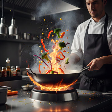 Professional chef tossing fresh vegetables in a flaming wok