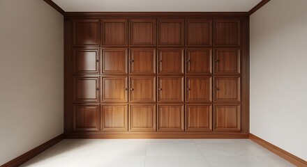 Fototapeta premium Empty square room with Classic cabinet wall of brown wood panels