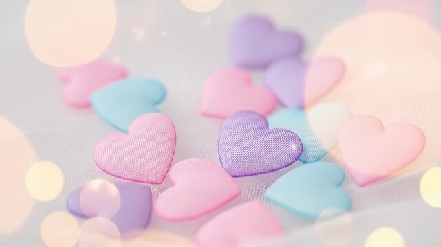 A delightful close-up shot features an arrangement of charming, soft fabric hearts in gentle pastel shades of pink, purple, and light blue, scattered delicately across a sheer, translucent white backg